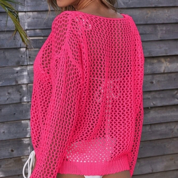 New Boho Crochet Fisherman Knit Top Cover Up Bikini Hot Pink Barbie - Picture 3 of 8
